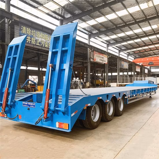 China Tri/3/4 Axles 60 Tonnes 80t 100 Tons Low Loader Heavy Duty Excavator Transport Step Drop Deck Lowbed Low Bed Truck Semi Trailer for Sale